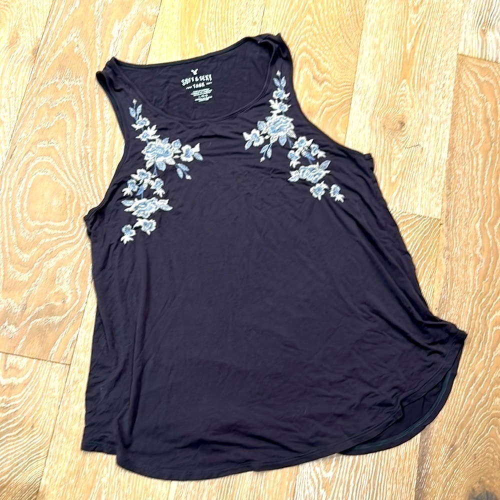 Black Floral Embroidered Women's Tank Top